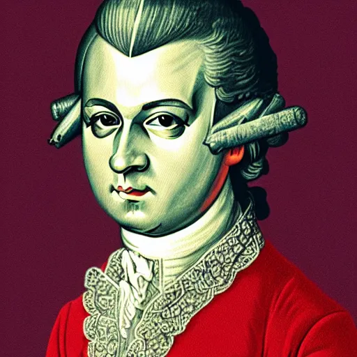 Prompt: Mozart with bloodshot eyes holding a weed joint in his hand, digital art