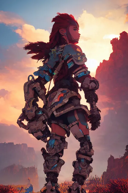 Image similar to combination suit armor aloy horizon forbidden west horizon zero dawn robot ninja mask helmet backpack tribal, aesthetic octane render, 8 k hd resolution, by ilya kuvshinov and cushart krentz and gilleard james radiating a glowing aura cgi rtx 2 0 2 2