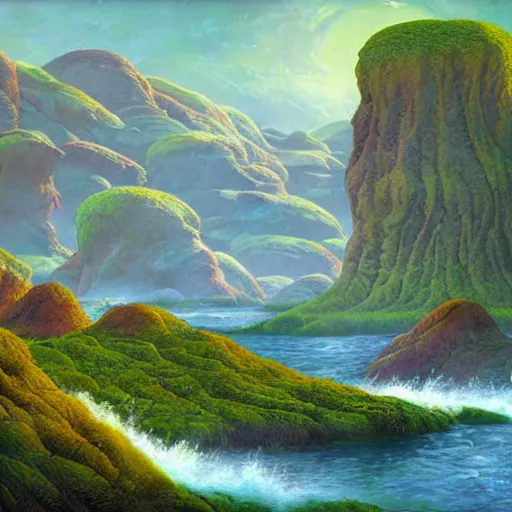 Image similar to digital painting of a lush natural scene on an alien planet by gerald brom. ultra sharp high quality digital render. detailed. beautiful landscape. colourful weird vegetation. cliffs and water.