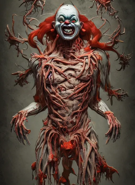 Image similar to evil horror clown, monster anatomy, ross tran, vivid colors, anatomical, highly detailed sculpture, intricate detailed, ommatidia, 8 k, cinematic atmosphere, post - processing