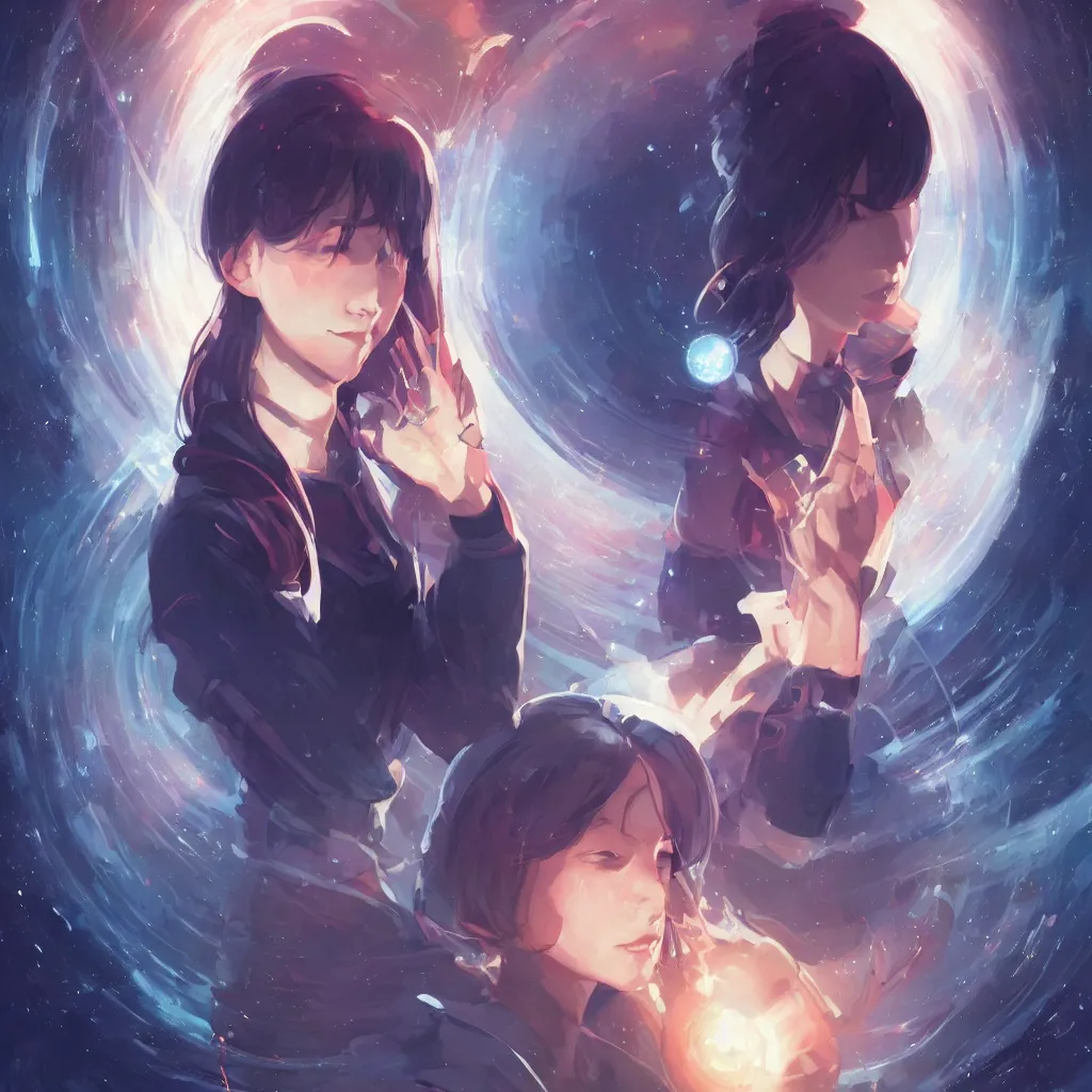 Image similar to a portrait of a beautiful female scientist holding a small black hole in her hands, anime art, symmetrical facial features, symmetrical proportions, illustration, style by jordan grimmer and greg rutkowski