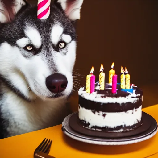 Image similar to a high - quality photo of a husky with a birthday cake, 4 5 mm, f 3. 5, sharpened, iso 2 0 0, raw, food photography