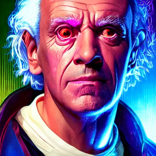 Prompt: cyberpunk, neon lights, dramatic lighting, deep focus, sci - fi, intricate, highly detailed, digital painting, artstation, sharp focus, a colorful close - up studio photographic portrait of doc brown as rick from rick & morty, art by artgerm, greg rutkowski, alphonse mucha and steve mccury