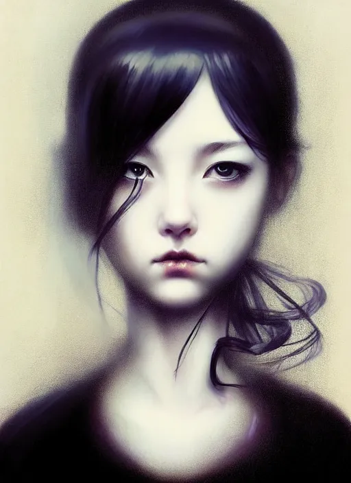 Image similar to an attractively pretty young woman with morbid thoughts wearing a Japanese-style school uniform, she is the queen of black roses, by Casey Baugh, Steve Caldwell, Gottfried Helnwein, Yasunari Ikenaga, and Range Murata.