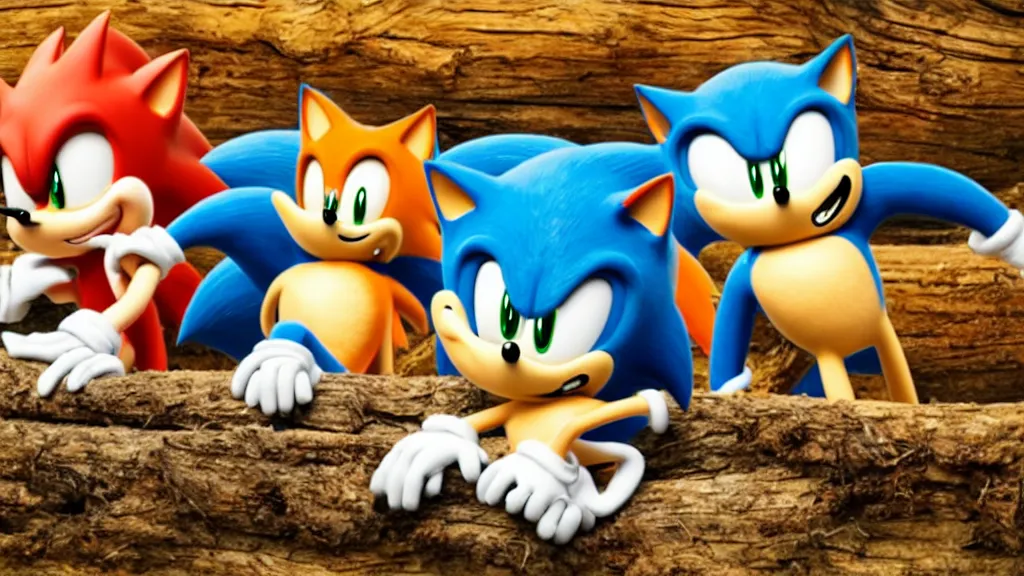 Prompt: A wholesome lively desktop background involving Sonic and Tails sitting in a log cabin sitting on a rug by the fireplace, talking and laughing, 4k, 8k, unrealengine, beautiful, amazing.