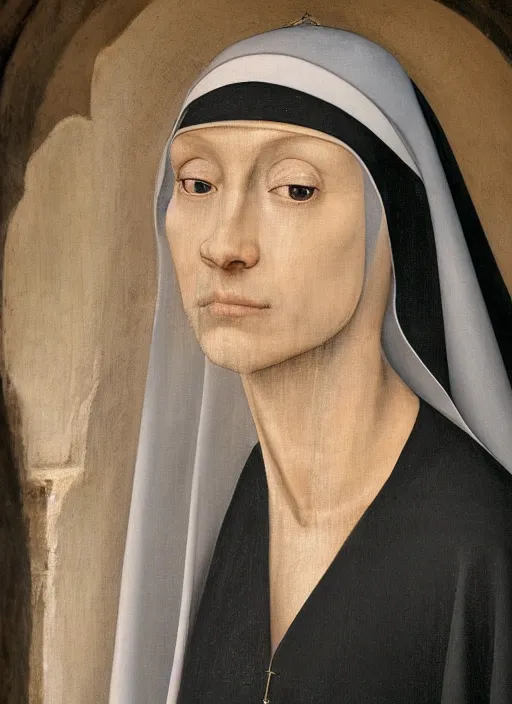 Prompt: closeup hieronymus bosch painting of a young gothic nun in the cloisters, depth of field, zeiss lens, detailed, symmetrical, centered, fashion photoshoot, by annie leibovitz and steve mccurry, david lazar, jimmy nelsson, breathtaking, 8 k resolution, extremely detailed, beautiful, establishing shot, artistic, hyperrealistic, beautiful face, octane render