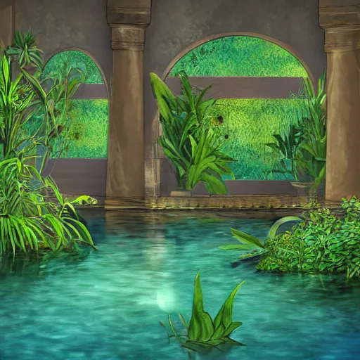 Image similar to Ancient Egypt interior with a pond and plants, digital art