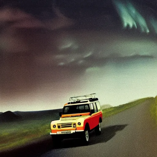 Image similar to land rover discovery driving down a windey road with noctoluminescent clouds in the sky, simplistic style, 1 9 8 0 s poster style