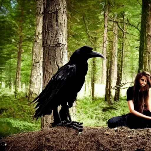 Prompt: !!!!!! werecreature consisting of a crow and a human, photograph captured in a dark forest