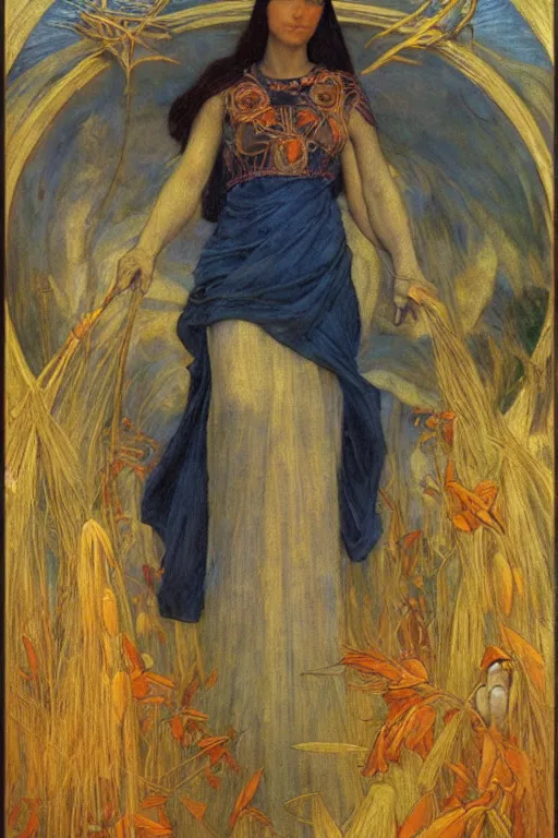 Image similar to queen of the harvest with her bounty by Annie Swynnerton and Nicholas Roerich and jean delville, strong dramatic cinematic lighting , ornate headdress , flowing robes, lost civilizations, smooth, sharp focus, extremely detailed