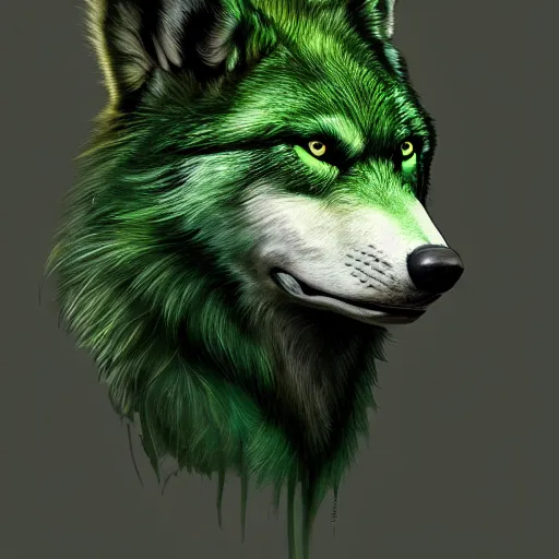 Prompt: portrait of a green color wolf in casual wear, D&D, fantasy, elegant, badass, highly detailed, slim, digital painting, artstation, concept art, sharp focus, illustration