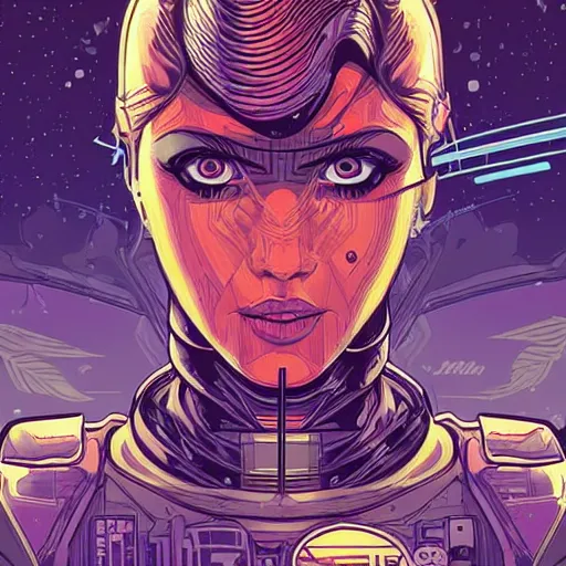 Prompt: a female android by Dan Mumford and Sandra Chevrier