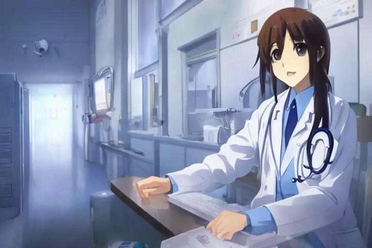 Prompt: a cute and beautiful young lady, a doctor wearing white coat in hospital ward, highly detailed, slice of life anime, anime scenery by Makoto shinkai