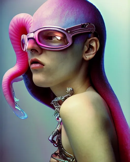 Image similar to natural light, soft focus portrait of a cyberpunk anthropomorphic squid with soft synthetic pink skin, blue bioluminescent plastics, smooth shiny metal, elaborate ornate head piece, piercings, skin textures, by annie leibovitz, paul lehr