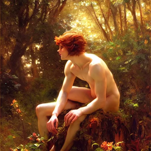 Image similar to attractive male fairy with wings in the forest, posing. highly detailed painting by gaston bussiere, craig mullins, j. c. leyendecker, 8 k