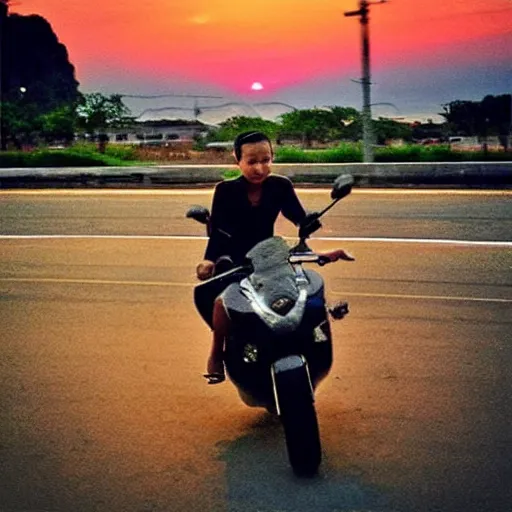 Image similar to “buzz cut, Vietnamese girl riding a motorbike through the city, photograph, beautiful, sunset”