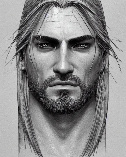 Prompt: A detailed frontal portrait pencil sketch of Gerald from The Witcher 3, with a beautiful fantasy forest background. Elegant, delicate, soft lines, higly detailed, smooth , pixiv art, ArtStation, pink hue, artgem, art by alphonse mucha charles reid mary cassatt and shirow masamune, high quality