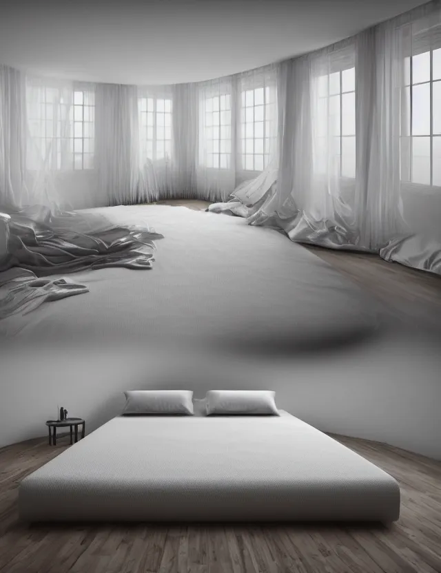 Image similar to wide angle photo of floating bed above floor in the middle of epic room with windows opening to other fantasy dimensions by andrzej sykut by lee madgewick, photorealistic, octane render, recursive!!!!, flowing, cascading, multiverse!!!!!!, labyrinthine, optical illusion, impossible angles