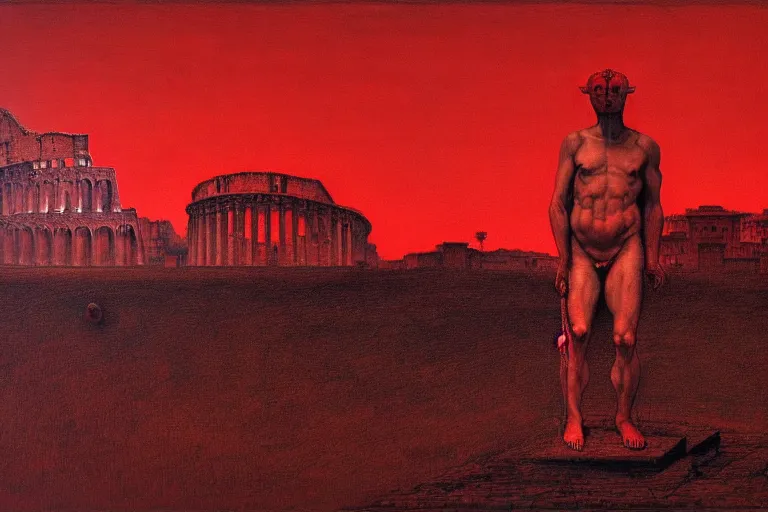 Image similar to only with red, caesar after war, a red tiger, in hoc signo vinces, rome in background, an ancient path, in the style of beksinski, part by hopper, part by rodcenko, part by hofbauer, intricate composition, red by caravaggio, insanely quality, highly detailed, masterpiece, red light, artstation