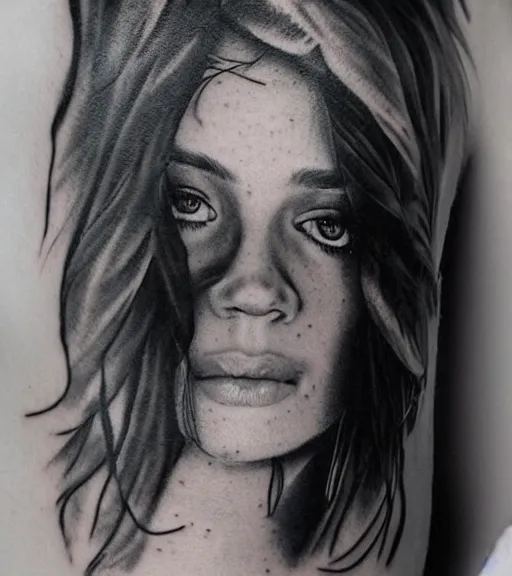 Image similar to a beautiful girl portrait, faded mountain background, realism tattoo, in the style of den yakovlev, black and white, hyper realistic, highly detailed