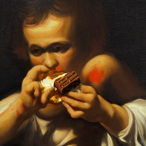 Image similar to saturn devouring a snickers chocolate bar, goya painting, in the style of goya and greg rutkowski, in the style of black paintings, 8 k, highly realistic