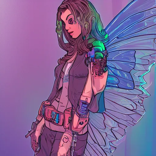 Image similar to Portrait of a cyberpunk fairy wearing cyberpunk clothes, fairy wings, retrowave, trending on artstation, very detailed, realistic, by Moebius, Laurie Greasley, Alphonse Mucha