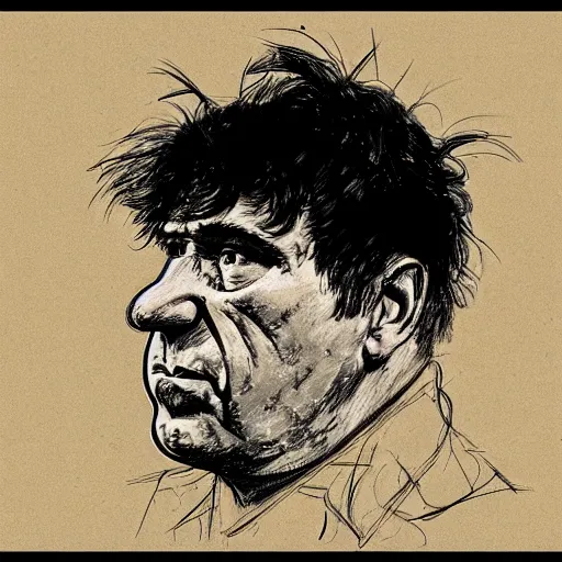 Image similar to a realistic yet scraggly portrait sketch of the side profile of a stern and sophisticated moe howard, trending on artstation, intricate details, in the style of frank auerbach, in the style of sergio aragones, in the style of martin ansin, in the style of david aja, in the style of mattias adolfsson