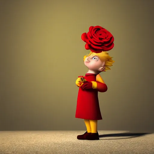 Image similar to the little prince holding a red rose and standing with a fox illustration, bokeh, octane render, award winning