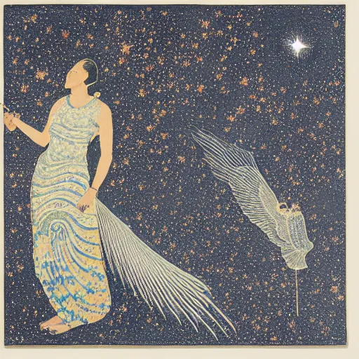 Image similar to perspective pointillism, manichaean artwork by frank stella, by ravi zupa. a experimental art of a woman with wings made of stars, surrounded by a blue & white night sky. the woman is holding a staff in one hand, & a star in the other. she is wearing a billowing dress, & her hair is blowing in the wind.