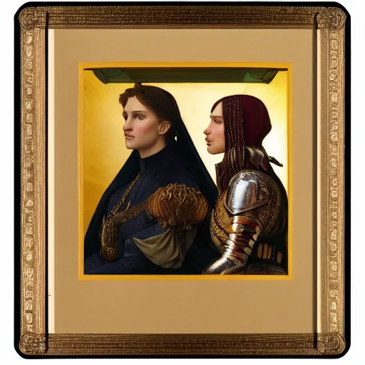 Image similar to full colour engraving full figure portrait of natalie portman and scarlet johansson, in medieval armoury, painted by alphonse mucha, albrecht durer, jean delville, alphonse mucha, jan van eyck, da vinci