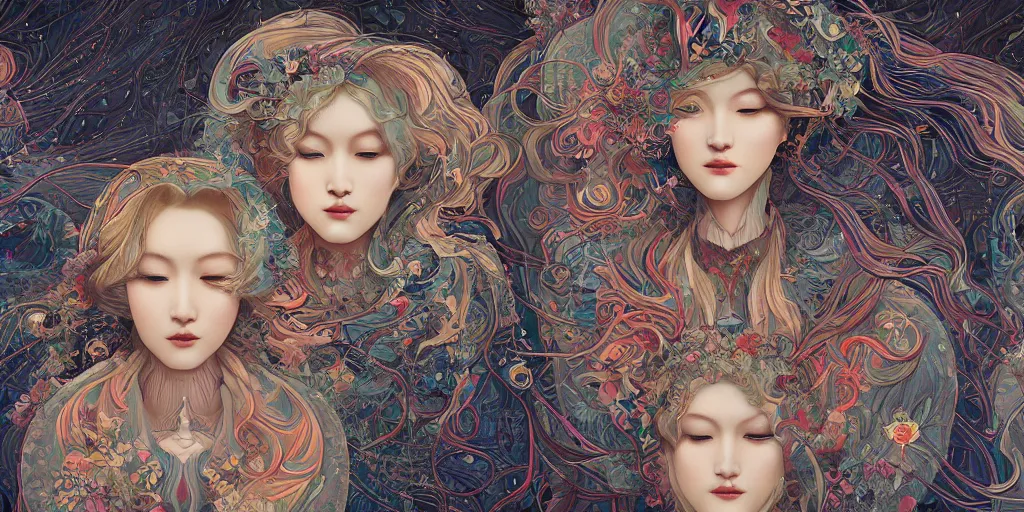 Prompt: breathtaking detailed concept art painting kaleidoscope art deco pattern of blonde faces goddesses amalgamation winter, by hsiao - ron cheng, bizarre compositions, exquisite detail, extremely moody lighting, 8 k