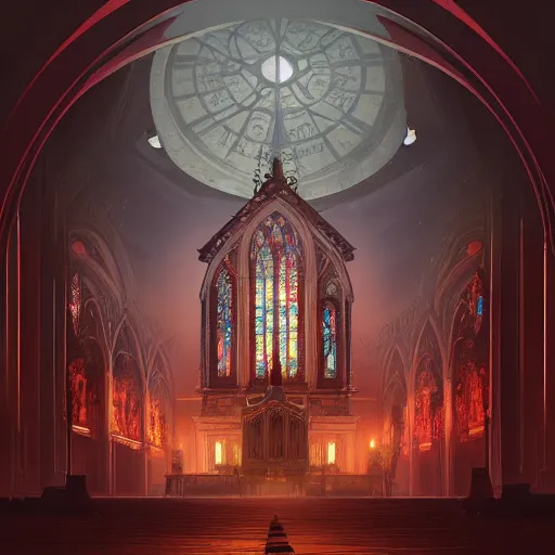 Image similar to ilustration, a cathedral under the red moon with a huge clock in the middle of the church, characterized by roman shipunov, etienne hebinger, atey ghailan, cgsociety, cynical realism, fantasy art, 2 d game art