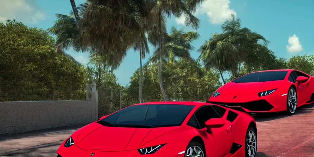 Image similar to red Lamborghini huracan!, unreal engine 5!, hyperrealistic!, cinema 4D!, dynamic lighting! Beach! Tropical paradise!, cinematic landscape!, studio landscape! Amazing ultra quality!