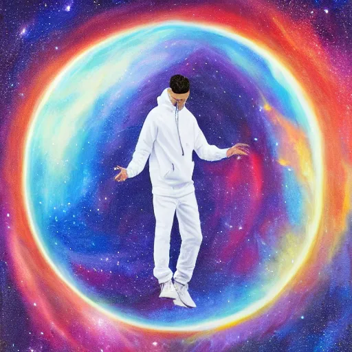 Image similar to guy with white hoodie levitates in the center of the galaxy painting