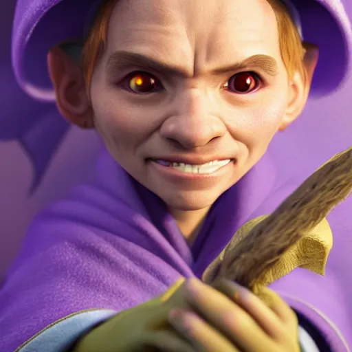 Image similar to portrait of lightfoot halfling wizard, brown hair, purple robes, holding blue wand, trending on artstation, cinematic lighting, hyper realism, octane render, 8 k, hyper detailed