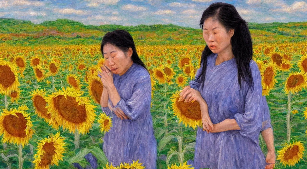 Image similar to impressionist style painting of asian woman crying with hands on broken back, field of sunflowers, overcast weather