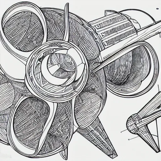 Image similar to Simplistic coloring book of a turbine blueprint, black ball pen on white paper, by Josan Gonzalez and Geof Darrow