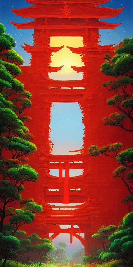 Prompt: the red torii gate!!! a highly detailed cinematic oil painting by roger dean and alena aenami, dynamic lighting