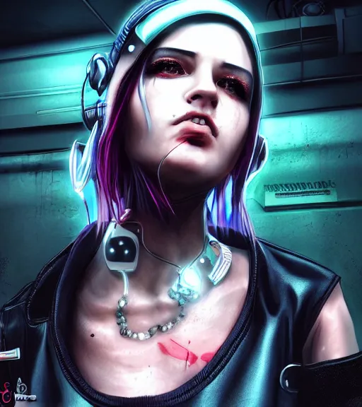 Image similar to detailed realistic female character cyberpunk wearing thick tight collar around neck, realistic, art, beautiful, 4K, collar, choker, collar around neck, punk, artstation, detailed, female, woman, choker, cyberpunk, neon, punk, collar, choker, collar around neck, thick collar, tight around neck, punk,