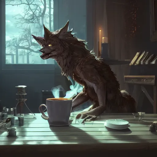 Prompt: A epic and beautiful rococo werewolf drinking coffee, in a burning coffee shop. ultra-detailed. Anime, pixiv, UHD 8K CryEngine, octane render