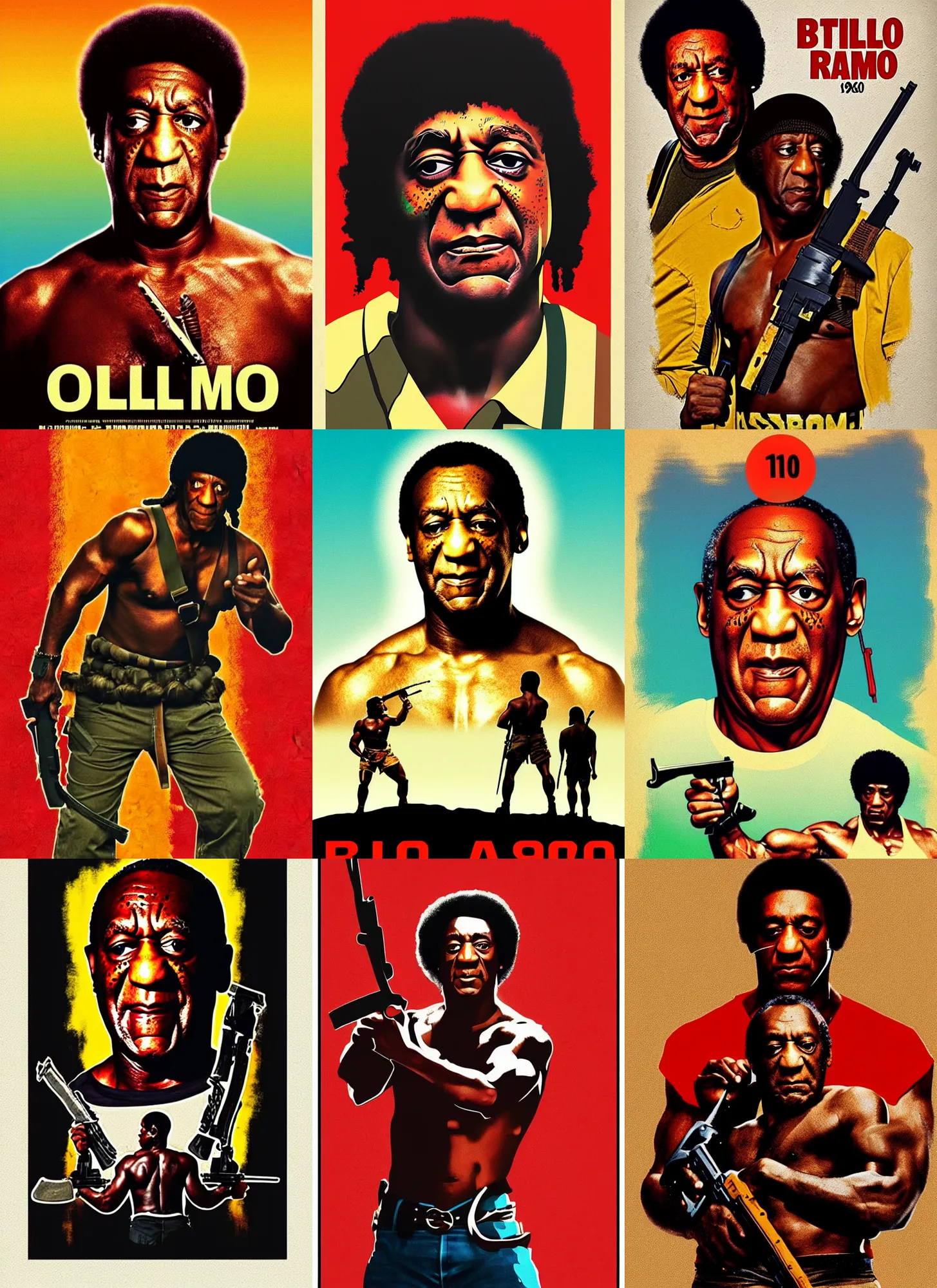 Prompt: bill cosby as rambo, 1 9 7 0 s movie poster, vibrant art, minimalist, trending on artstation