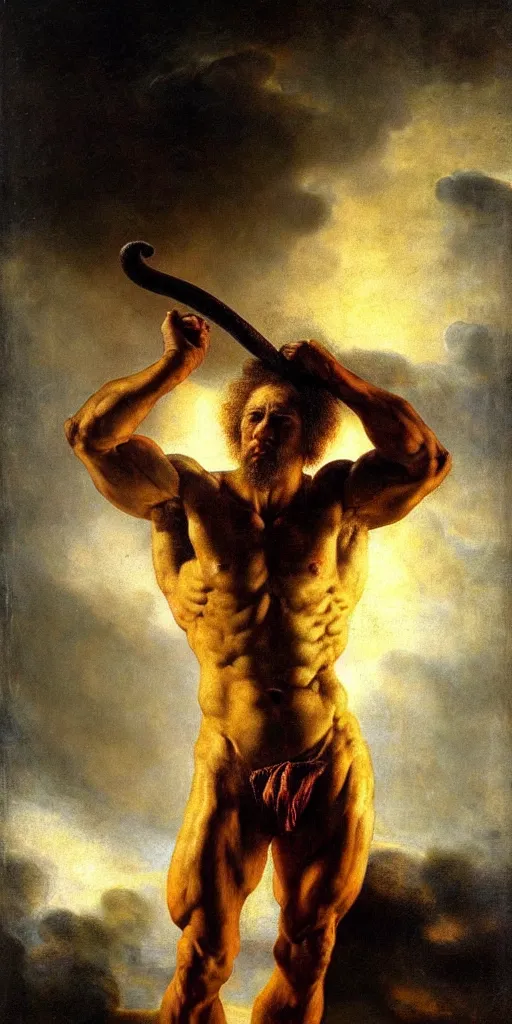 Prompt: muscular human but has elephant head , he is a barbarian hunter , strong sun backlight sunrays body , extreme very textured detailed portrait oil painting by rembrandt, dramatic clouds and atmosphere