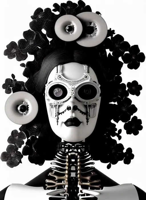 Image similar to 1 9 3 0 black and white gothic masterpiece profile face portrait, one steampunk eye biomechanical beautiful young female cyborg - robot, body ribs meshes, big monocular, volumetric light, hibiscus flowers, by hg giger, rim light, big gothic fashion pearl embroidered collar, 8 k