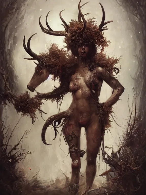 Prompt: a splatterpunk portrait of a gorgeous centaur with ebony antlers and sepia-toned fur, hyperrealistic, award-winning, in the style of Tom Bagshaw, Cedric Peyravernay, Peter Mohrbacher