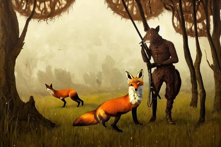 Image similar to ( ( a beautiful masterpiece painting ) a english fox hunter and a monster in a hunting lodge ( by ( barloe ) and ( anato finnstark ) and ( greg rutkowski ) and ( ) and i ( francis picabia ) ) ( camouflage ) ( hyperrealism ) ( trending on artstation )
