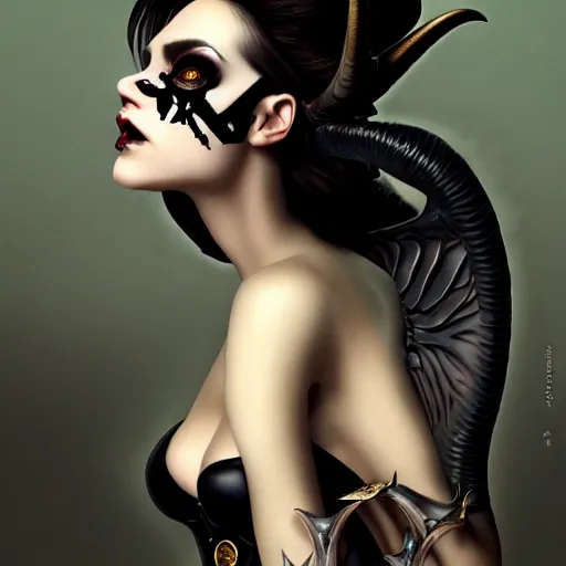 Prompt: cool and bored looking succubus, portrait of a lady demon all dressed in black, beautiful face and eyes, ram horns on her head, highly detailed, cel shaded, cinematic shot, trending on artstation, high quality, detailed and chaotic background, brush strokes all over, by tom bagshaw and jama jurabaev