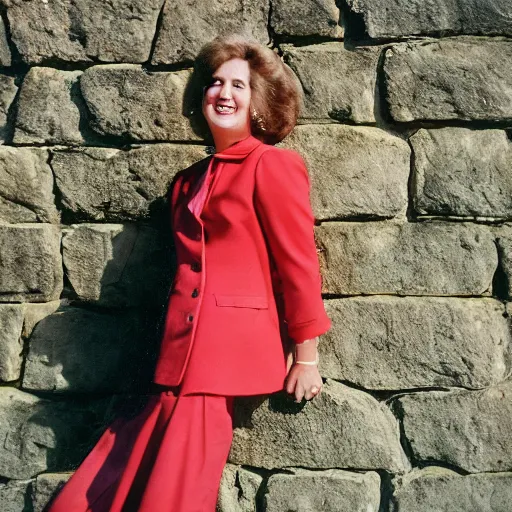 Image similar to a vintage 1 9 8 0 s kodachrome slide of a cheerful lady in a feminine suit posing on a stone wall in autumn sunshine.