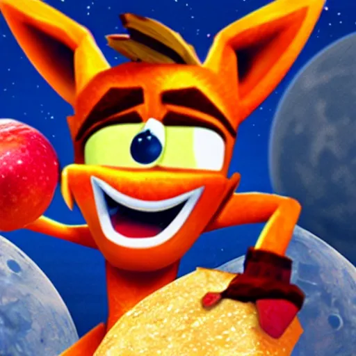 Prompt: a drawing of crash bandicoot wearing a suit, eating apples on the moon