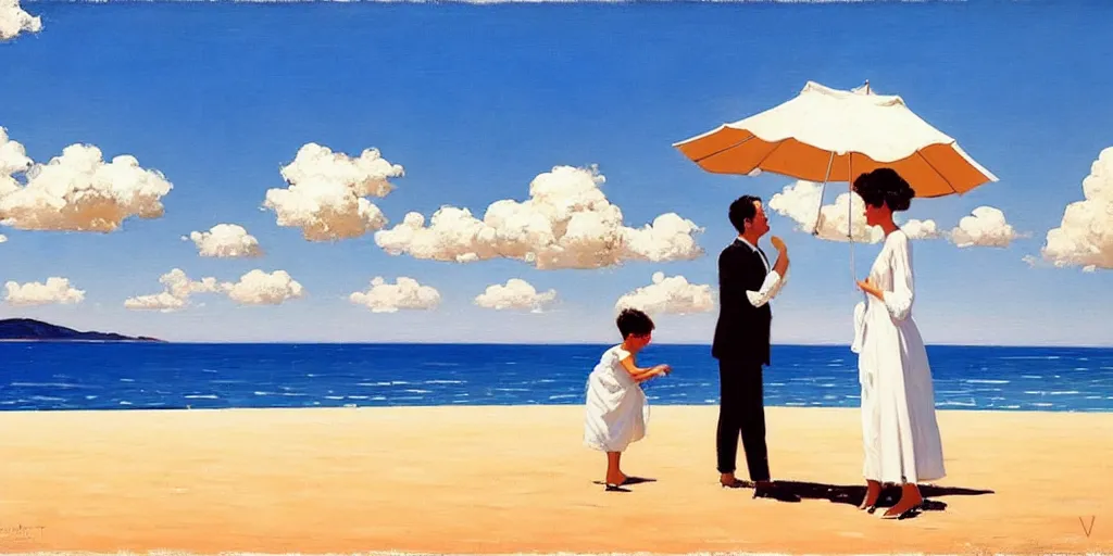 Prompt: a couple and a baby on a beach in sardinia, white sand, blue sky, summer, painting by jack vettriano