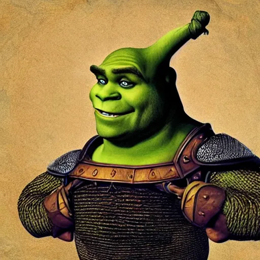 Image similar to shrek from shrek as a glorious devout shining powerful epic amazing awesome very handsome attractive muscular stylish knight in shining golden armor, fantasy art, hyper detailed, extremely complex, hyper realistic, similar to the mona lisa, art by leonardo devinci